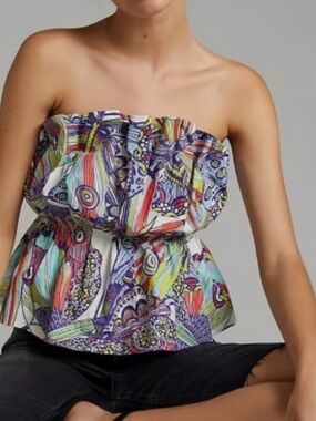 Anthropologie Diana Ruffled Tube Top Strapless Printed Peplum Top in Multi Small